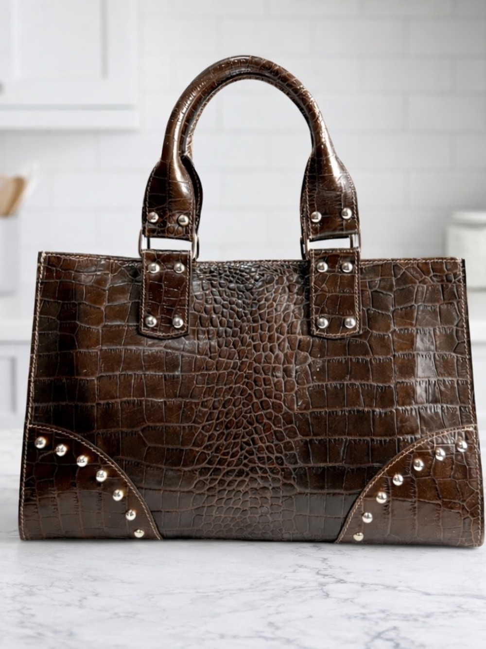 Claudia Firenze Italian Leather Croc Embossed Studded Tote Brown Made in Italy